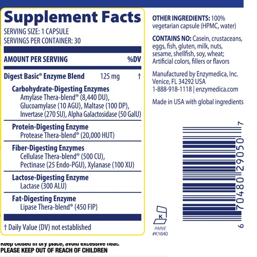 Digest Basic® Enzimas para Estomago Sensible (30 caps), Enzymedica