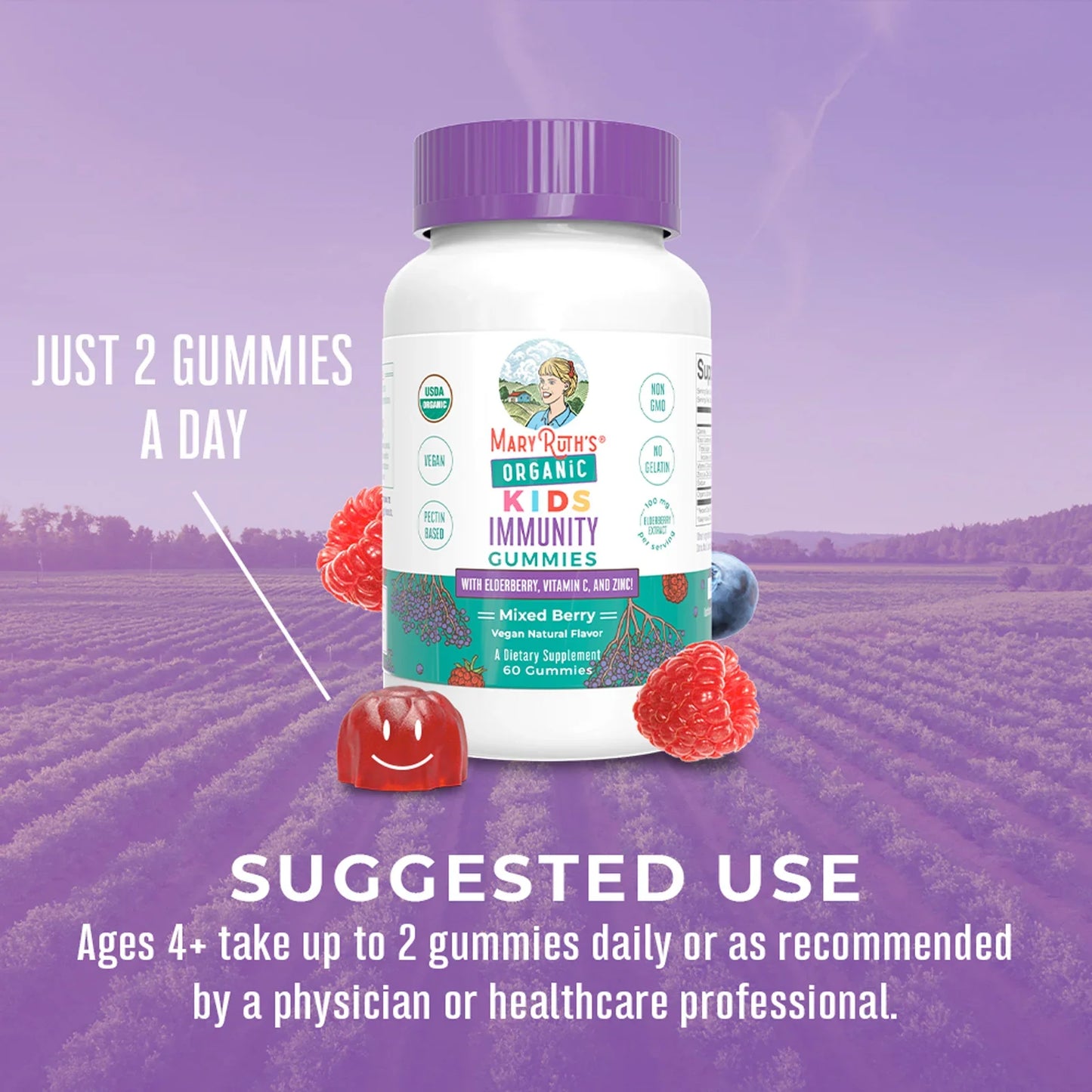 Inmunidad Para Niños Organica Sabor Frutos Rojos (60 gomitas), Mary Ruth´s